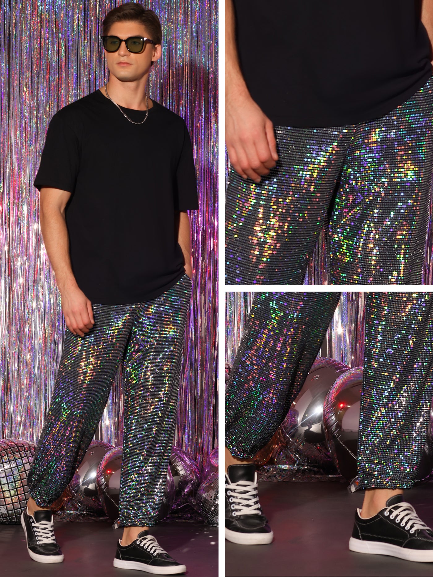 Bublédon Sequins Drawstring Pants for Men's Elastic Waist Nightwear Club Shiny Jogger