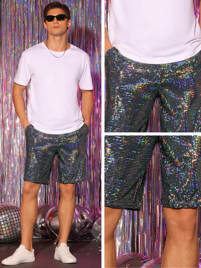 Sequins Shorts for Men's Summer Elastic Waist Party Nightout Short Pants