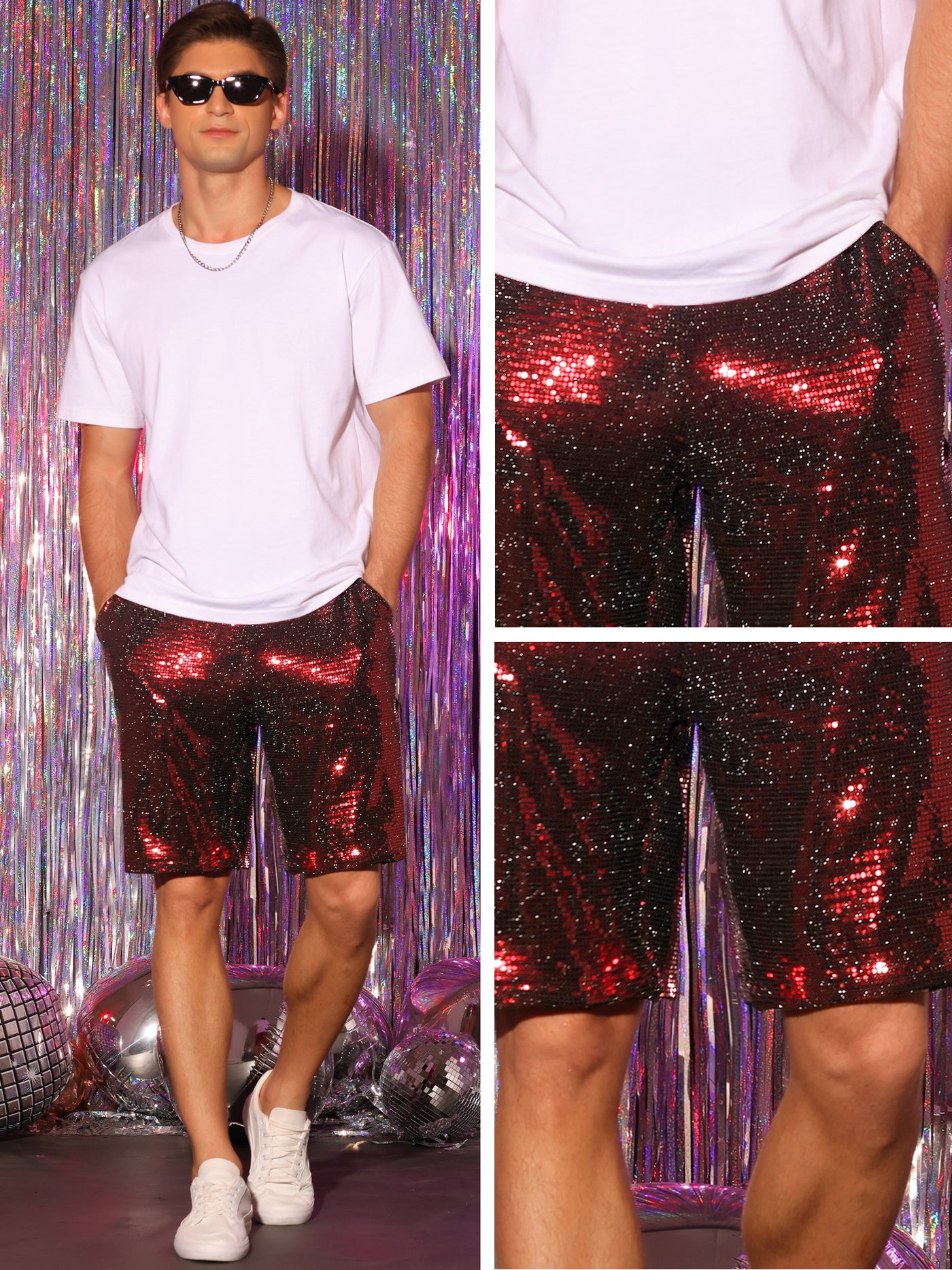 Bublédon Sequins Shorts for Men's Summer Elastic Waist Party Nightout Short Pants