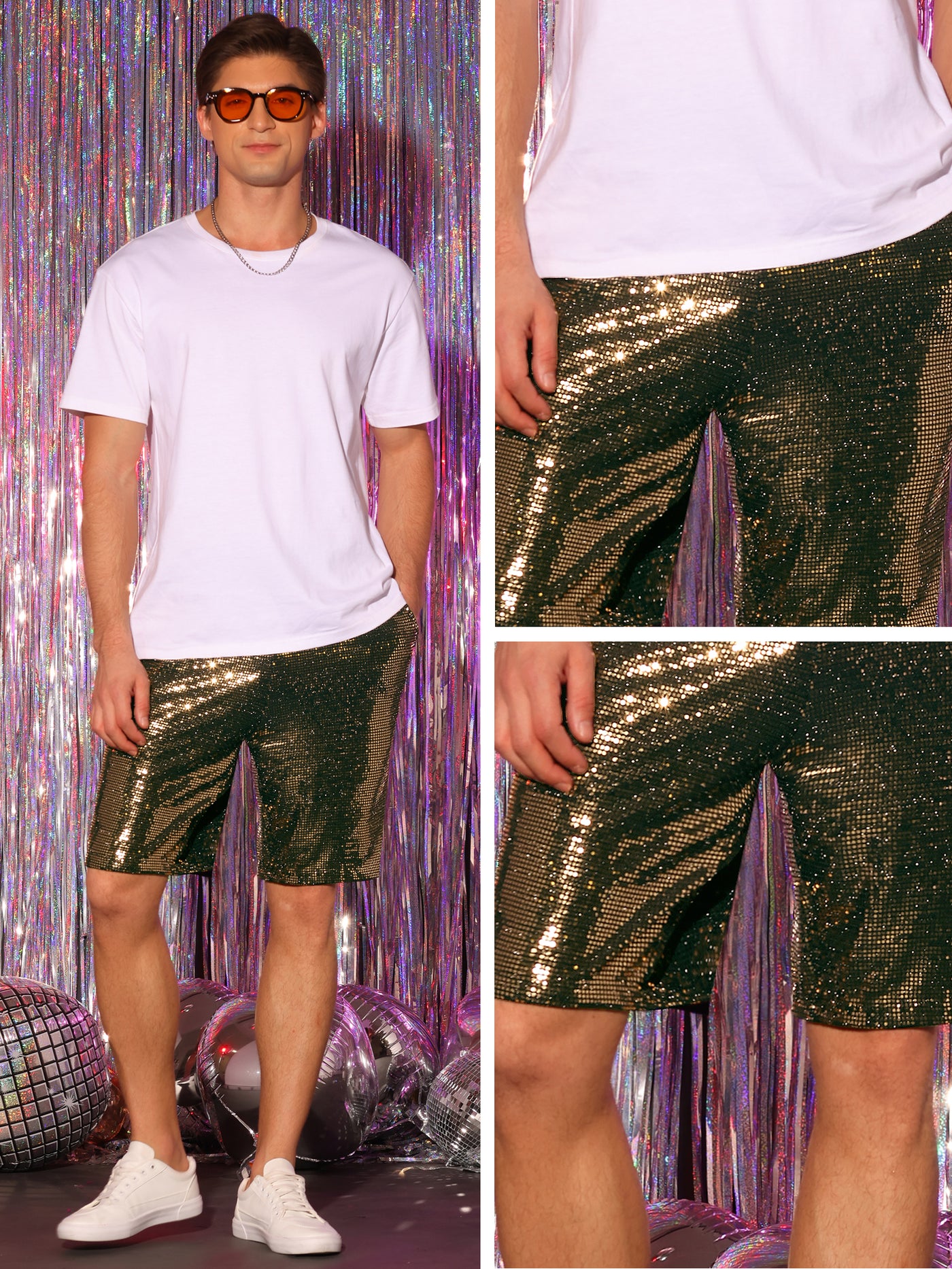 Bublédon Sequins Shorts for Men's Summer Elastic Waist Party Nightout Short Pants