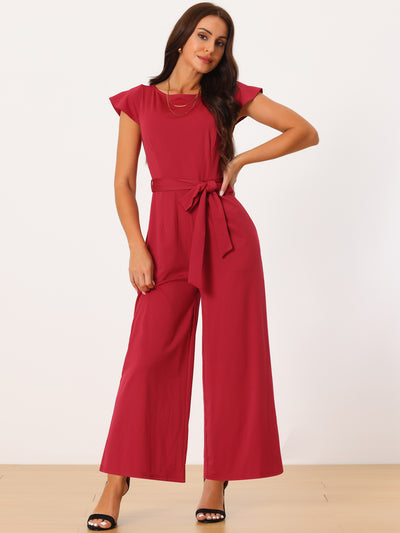 Women's Crew Neck Ruffle Cap Sleeve Belted High Waist Wide Leg Casual Dressy Jumpsuits with Pockets