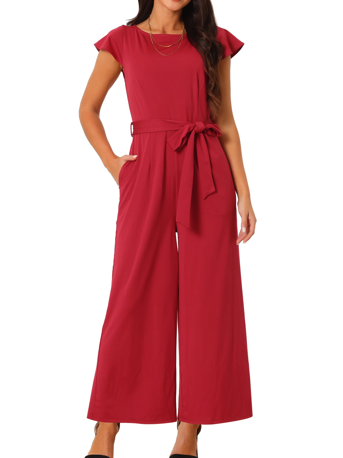 Bublédon Women's Crew Neck Ruffle Cap Sleeve Belted High Waist Wide Leg Casual Dressy Jumpsuits with Pockets