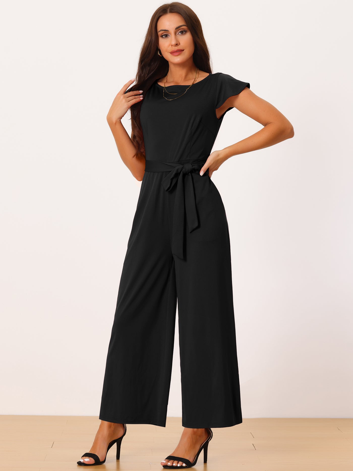 Bublédon Women's Crew Neck Ruffle Cap Sleeve Belted High Waist Wide Leg Casual Dressy Jumpsuits with Pockets