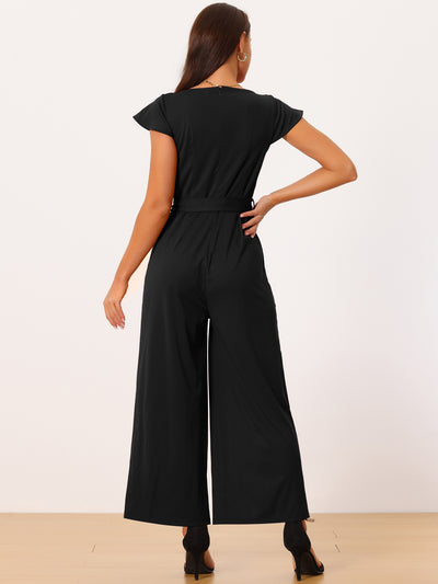 Women's Crew Neck Ruffle Cap Sleeve Belted High Waist Wide Leg Casual Dressy Jumpsuits with Pockets