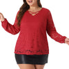 Lace Blouse for Women Plus Size Sheer Long Sleeve Elastic Cuff Layer Cross V Neck Tops