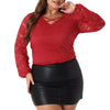 Lace Blouse for Women Plus Size Sheer Long Sleeve Elastic Cuff Layer Cross V Neck Tops