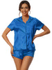 Women Satin Pajama Set Button Short Sleeve Shirt and Shorts Loungwear Sleepwear