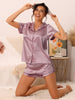 Women Satin Pajama Set Button Short Sleeve Shirt and Shorts Loungwear Sleepwear