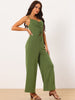 Spaghetti Straps Ruched Drawstring Wide Leg Romper Casual Jumpsuits with Pockets