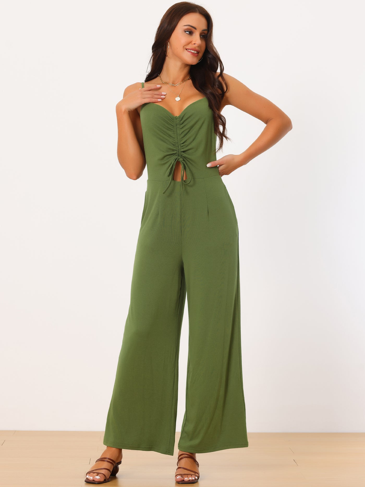Bublédon Spaghetti Straps Ruched Drawstring Wide Leg Romper Casual Jumpsuits with Pockets