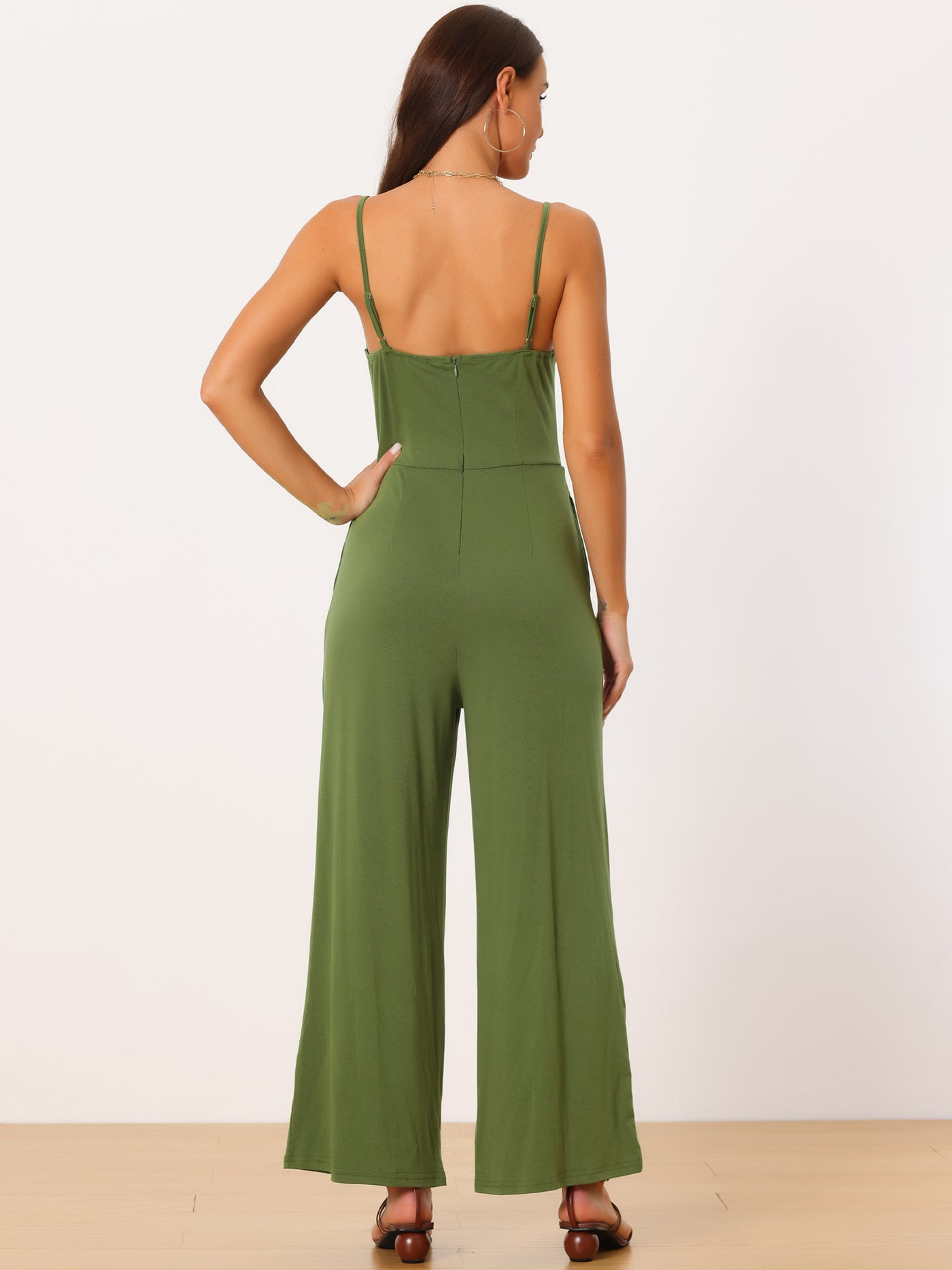 Bublédon Spaghetti Straps Ruched Drawstring Wide Leg Romper Casual Jumpsuits with Pockets