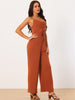 Spaghetti Straps Ruched Drawstring Wide Leg Romper Casual Jumpsuits with Pockets