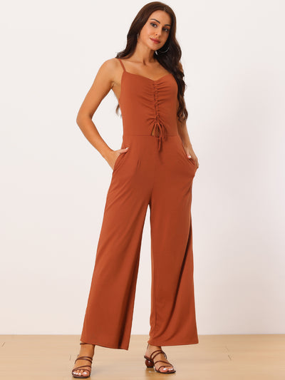 Spaghetti Straps Ruched Drawstring Wide Leg Romper Casual Jumpsuits with Pockets