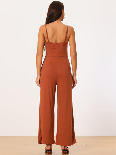 Spaghetti Straps Ruched Drawstring Wide Leg Romper Casual Jumpsuits with Pockets