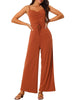 Spaghetti Straps Ruched Drawstring Wide Leg Romper Casual Jumpsuits with Pockets