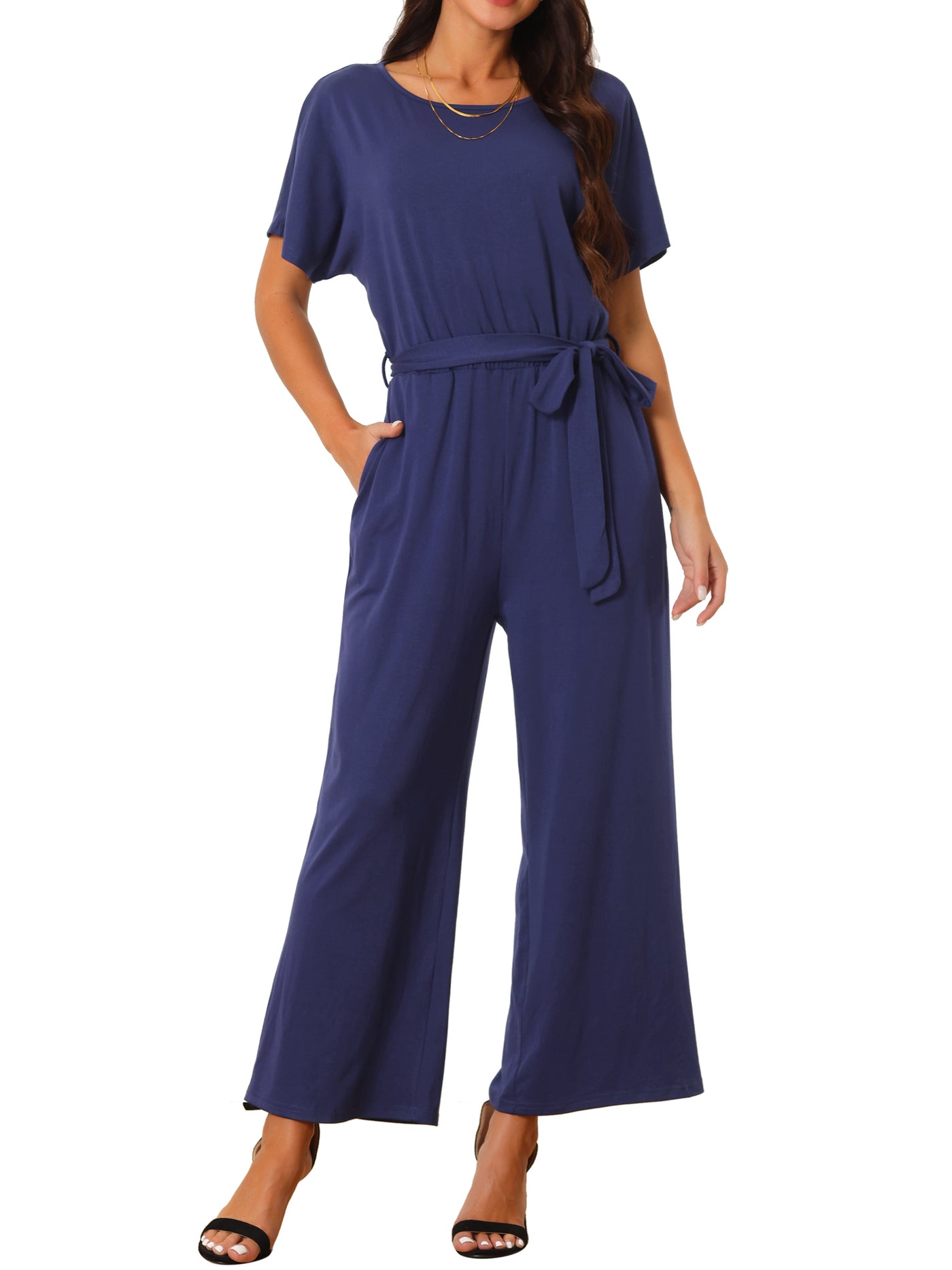 Bublédon Women's Crewneck Short Sleeve Belted High Waist Wide Leg Casual Dressy Jumpsuits with Pockets