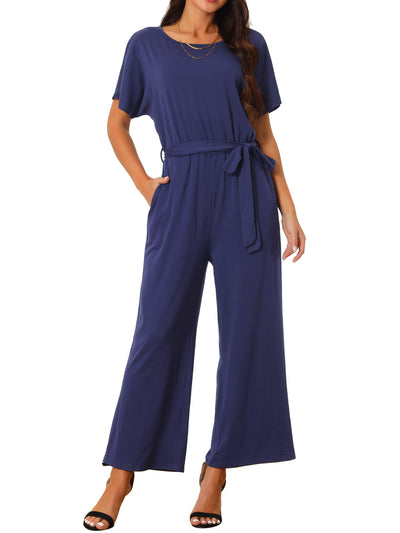 Women's Crewneck Short Sleeve Belted High Waist Wide Leg Casual Dressy Jumpsuits with Pockets