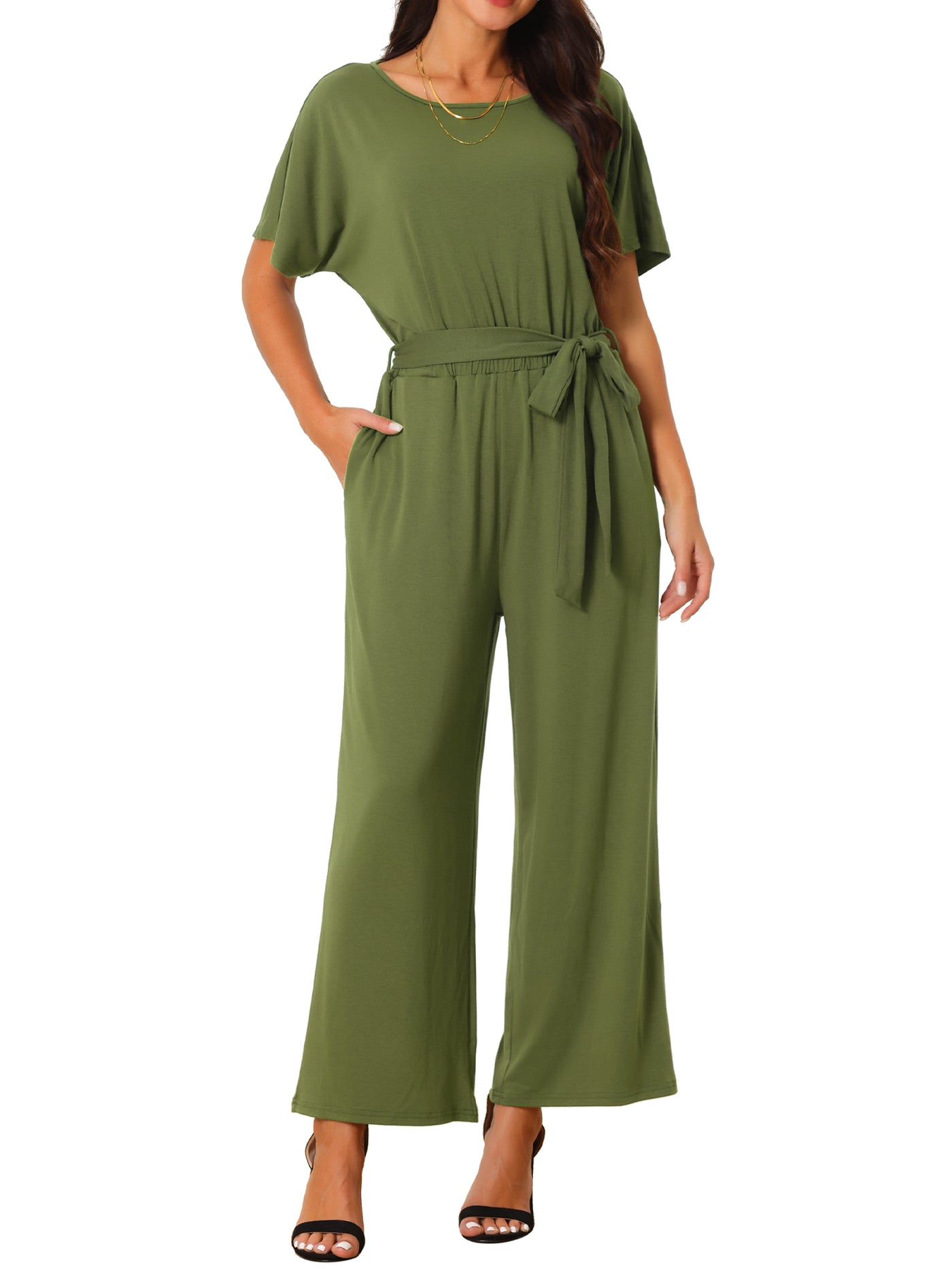 Bublédon Women's Crewneck Short Sleeve Belted High Waist Wide Leg Casual Dressy Jumpsuits with Pockets