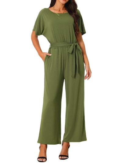 Women's Crewneck Short Sleeve Belted High Waist Wide Leg Casual Dressy Jumpsuits with Pockets
