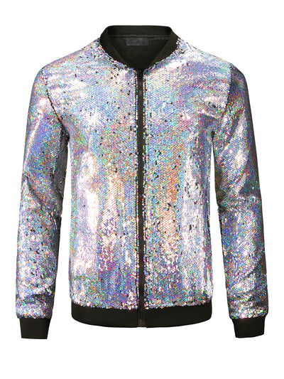 Men's Sequin Zip Up Long Sleeves Party Disco Sparkly Bomber Jacket