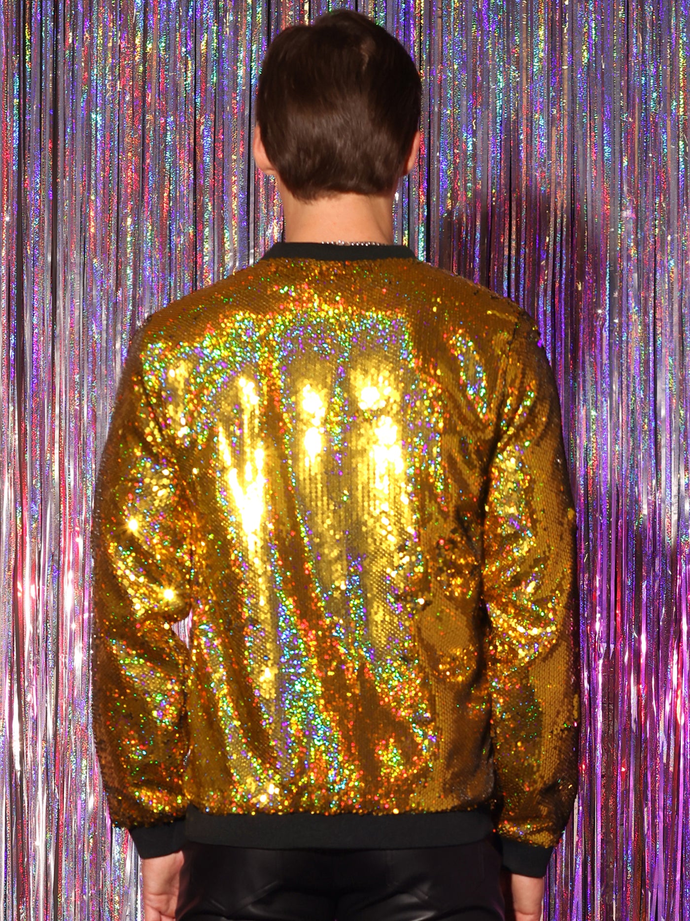 Bublédon Men's Sequin Zip Up Long Sleeves Party Disco Sparkly Bomber Jacket
