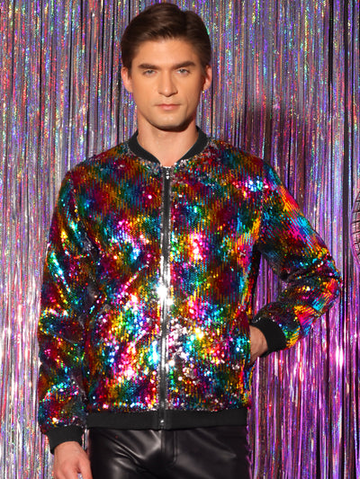 Men's Sequin Zip Up Long Sleeves Party Disco Sparkly Bomber Jacket