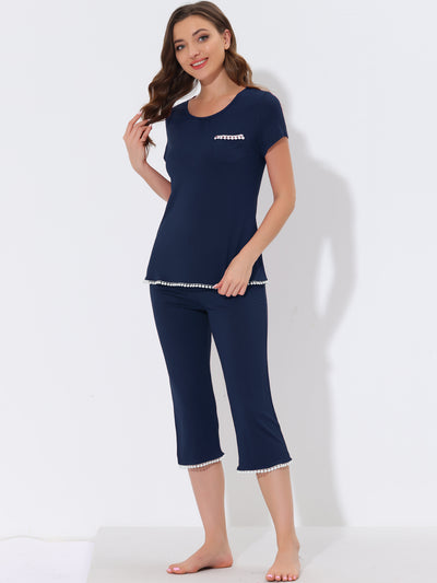 Bublédon Women's Lounge Sleepwear Pajama Round Neck Capri Nightwear Casual Sets