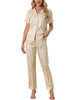 Womens Satin Striped Button Down Sleepwear Short Sleeve Long Pants Pajama Set