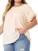 Plus Size Chiffon Blouse for Women Swiss Dots Short Sleeve Lace Crochet Pleated Casual Shirt Top