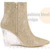 Sparkly Glitter Pointed Toe Clear Wedge Heels Ankle Boots for Women