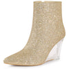 Sparkly Glitter Pointed Toe Clear Wedge Heels Ankle Boots for Women