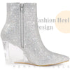 Sparkly Glitter Pointed Toe Clear Wedge Heels Ankle Boots for Women