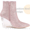 Sparkly Glitter Pointed Toe Clear Wedge Heels Ankle Boots for Women