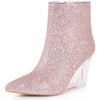 Sparkly Glitter Pointed Toe Clear Wedge Heels Ankle Boots for Women