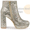 Platform Glitter Round Toe Chunky Heels Ankle Boots for Women