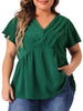 Woven X Line V Neck Short Sleeve Lace Insert Top