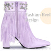 Pointed Toe Fringe Crystal Chunky Heel Ankle Boots for Women
