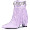 Pointed Toe Fringe Crystal Chunky Heel Ankle Boots for Women