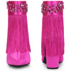 Pointed Toe Fringe Crystal Chunky Heel Ankle Boots for Women