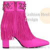 Pointed Toe Fringe Crystal Chunky Heel Ankle Boots for Women
