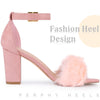 Ankle Strap Faux Fur Block Chunky Heel Sandals for Women