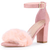 Ankle Strap Faux Fur Block Chunky Heel Sandals for Women