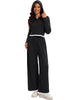 Onfers Two Piece Sets for Women Casual Cropped Half Button Hoodie Top Wide Leg Pants Ribbed Knit Tracksuit
