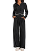 Onfers Two Piece Sets for Women Casual Cropped Half Button Hoodie Top Wide Leg Pants Ribbed Knit Tracksuit