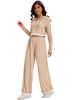 Onfers Two Piece Sets for Women Casual Cropped Half Button Hoodie Top Wide Leg Pants Ribbed Knit Tracksuit
