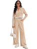 Onfers Two Piece Sets for Women Casual Cropped Half Button Hoodie Top Wide Leg Pants Ribbed Knit Tracksuit
