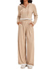 Onfers Two Piece Sets for Women Casual Cropped Half Button Hoodie Top Wide Leg Pants Ribbed Knit Tracksuit