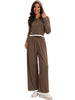 Onfers Two Piece Sets for Women Casual Cropped Half Button Hoodie Top Wide Leg Pants Ribbed Knit Tracksuit