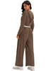 Onfers Two Piece Sets for Women Casual Cropped Half Button Hoodie Top Wide Leg Pants Ribbed Knit Tracksuit