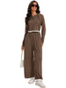 Onfers Two Piece Sets for Women Casual Cropped Half Button Hoodie Top Wide Leg Pants Ribbed Knit Tracksuit